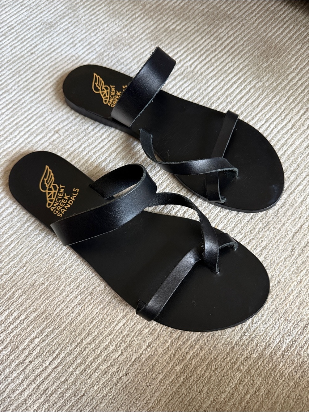 Ancient Greek Sandals Daphnae Sandals Black Leather Slip On Toe Loop Size 11